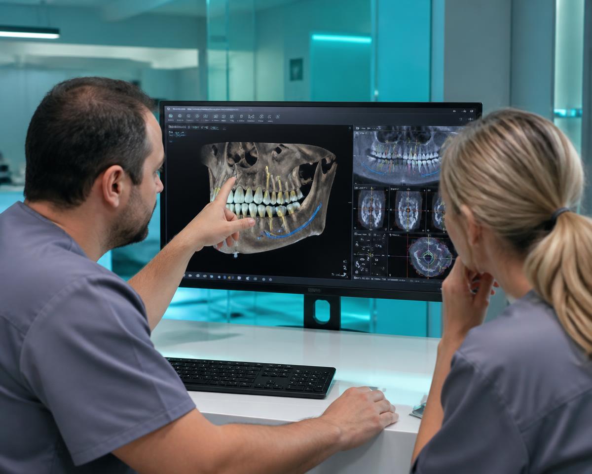 Dental professionals reviewing a 3D CBCT implant treatment plan on a monitor